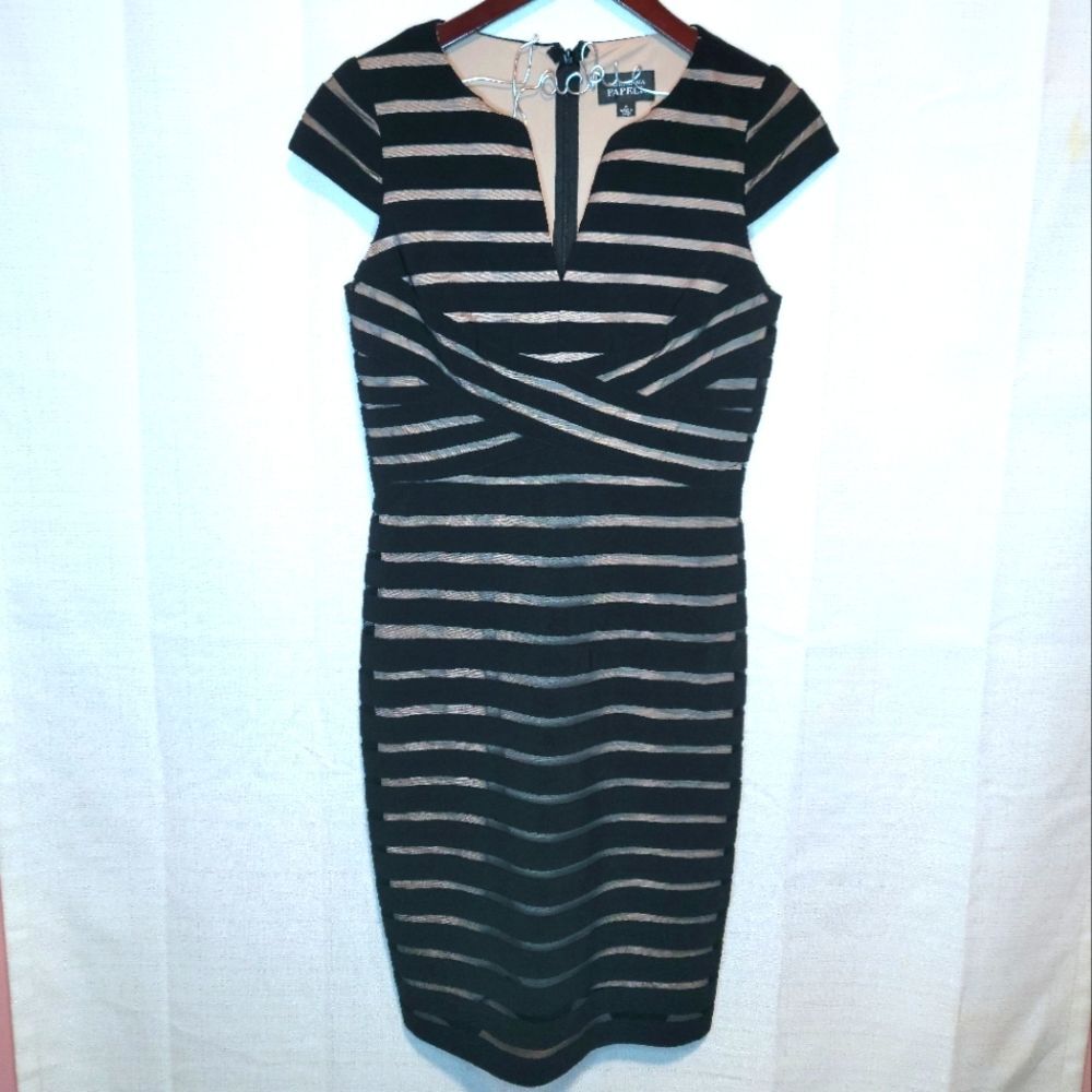 Adrianna Papell Striped Black and Nude Mesh Bodycon V-Neck Dress Size 4